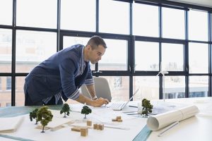 Architect in professional services firm working on laptop in office