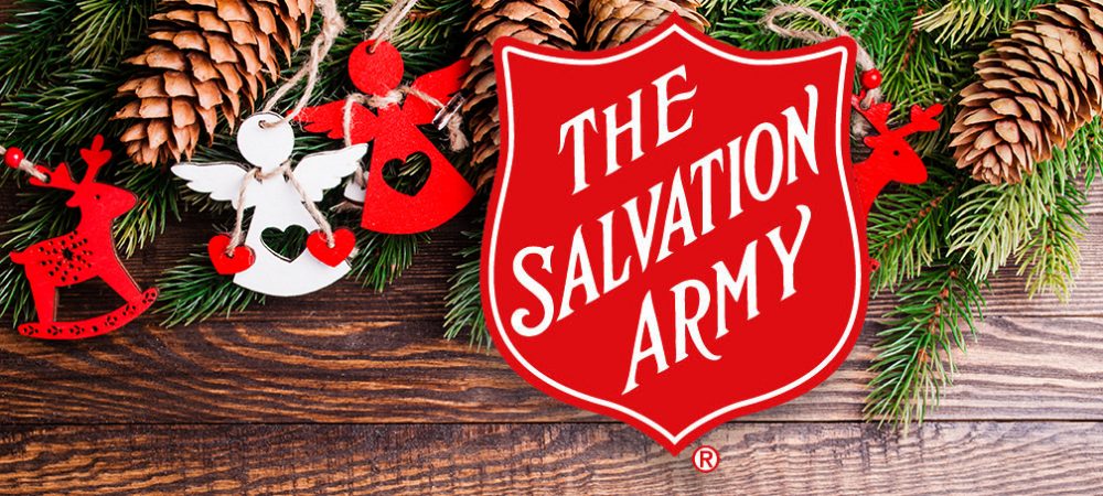 Angel Ornaments on tree with pinecombs and The Salvation Army logo