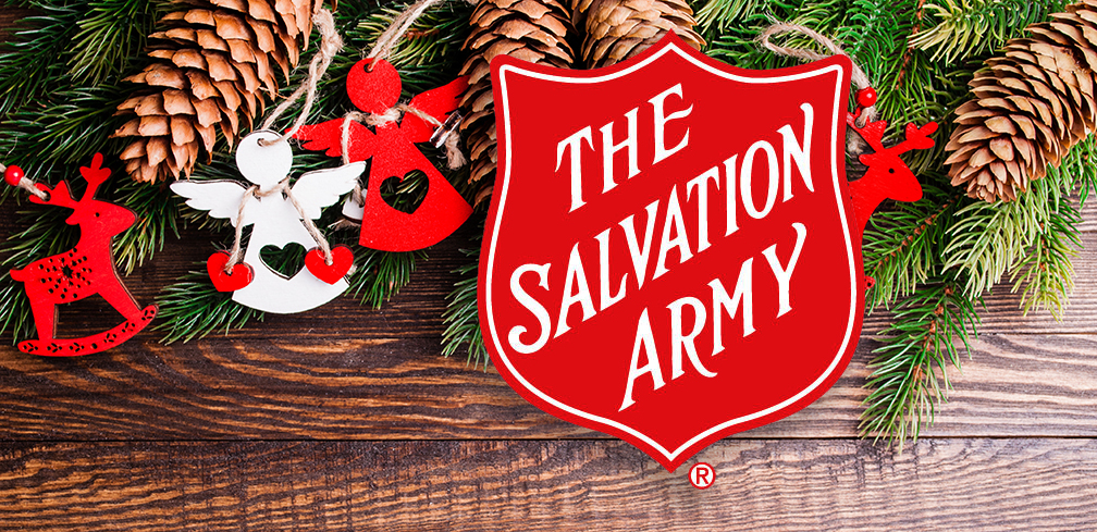 Angel Ornaments on tree with pinecombs and The Salvation Army logo