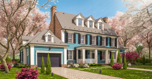 turquoise single family home with cherry blossom trees