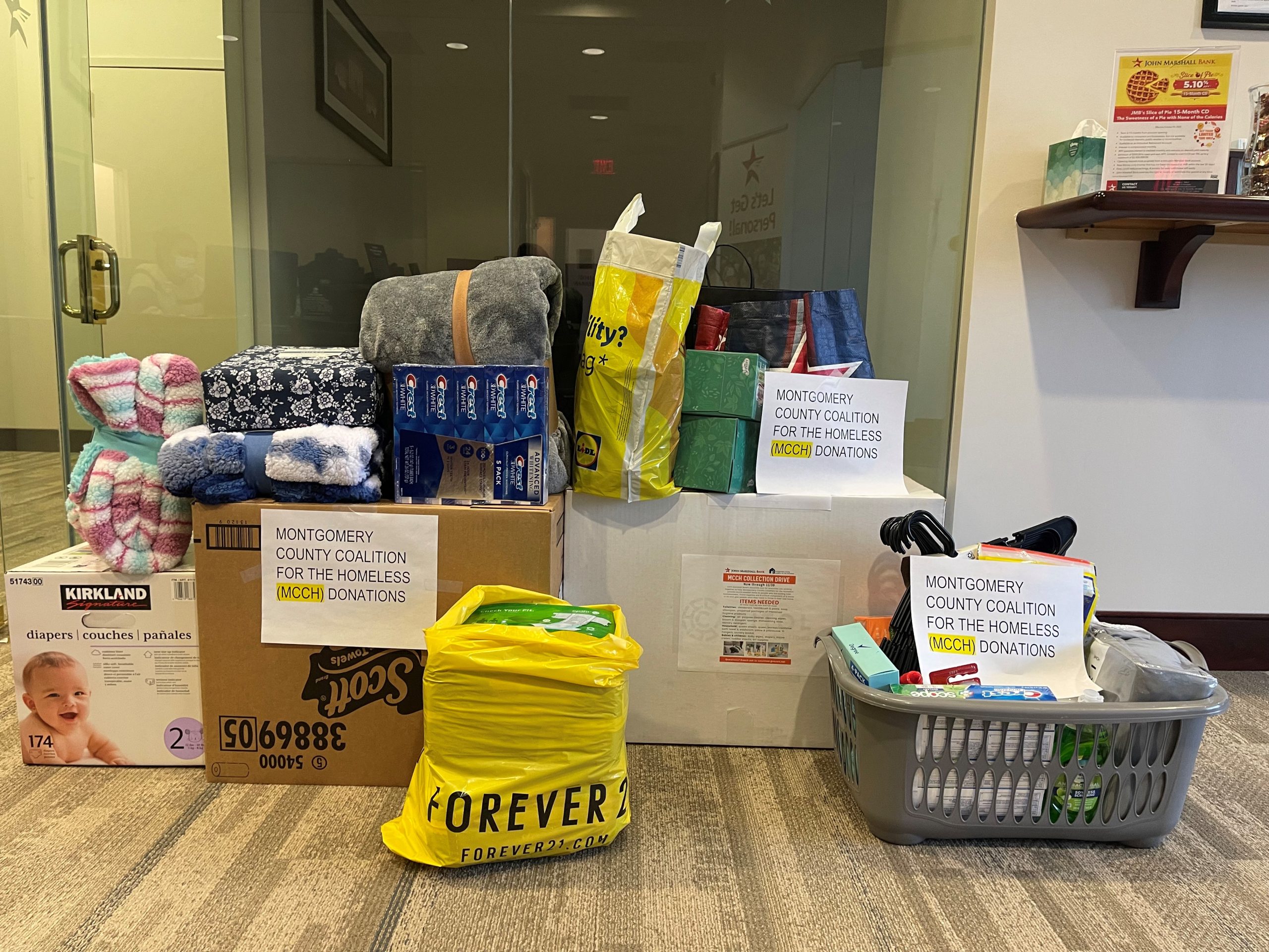 Goods collected by JMB's Rockville Team for the Montgomery County Coalition for the Homeless