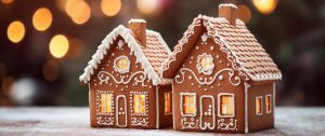 Two Gingerbread Houses with light emitting from windows