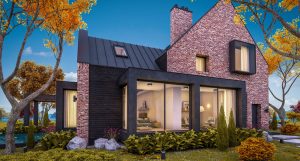 Modern single family house with fall foliage