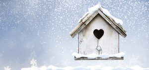 white wooden birdhouse with heart shaped perch amidst snowy background