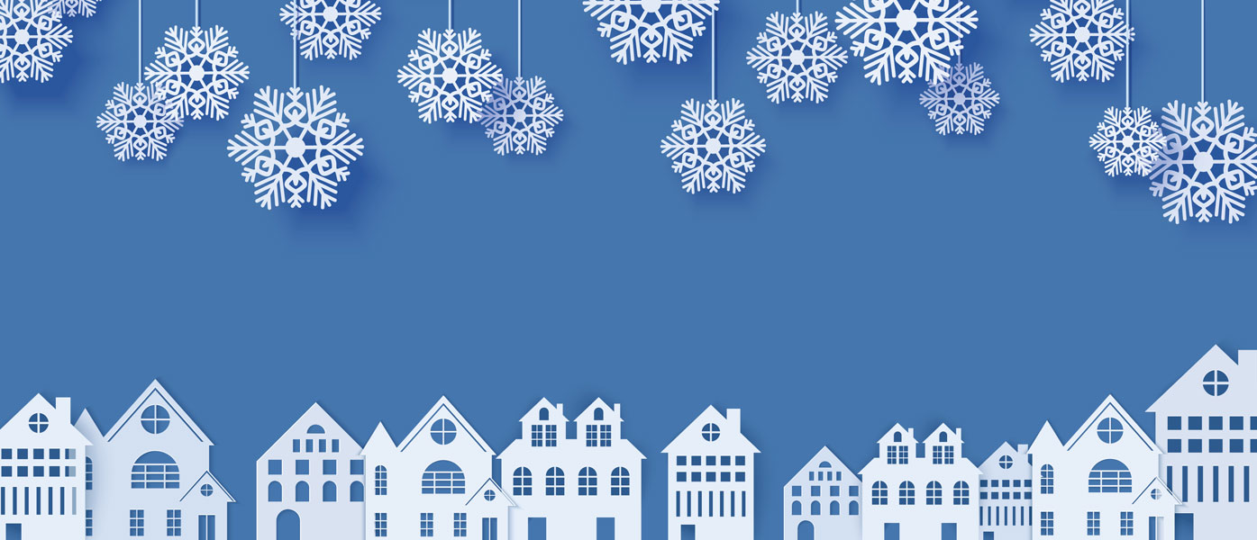 white 3d snowflakes and row of single family houses on sky blue background