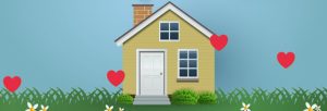 Yellow single family house with hearts in the background